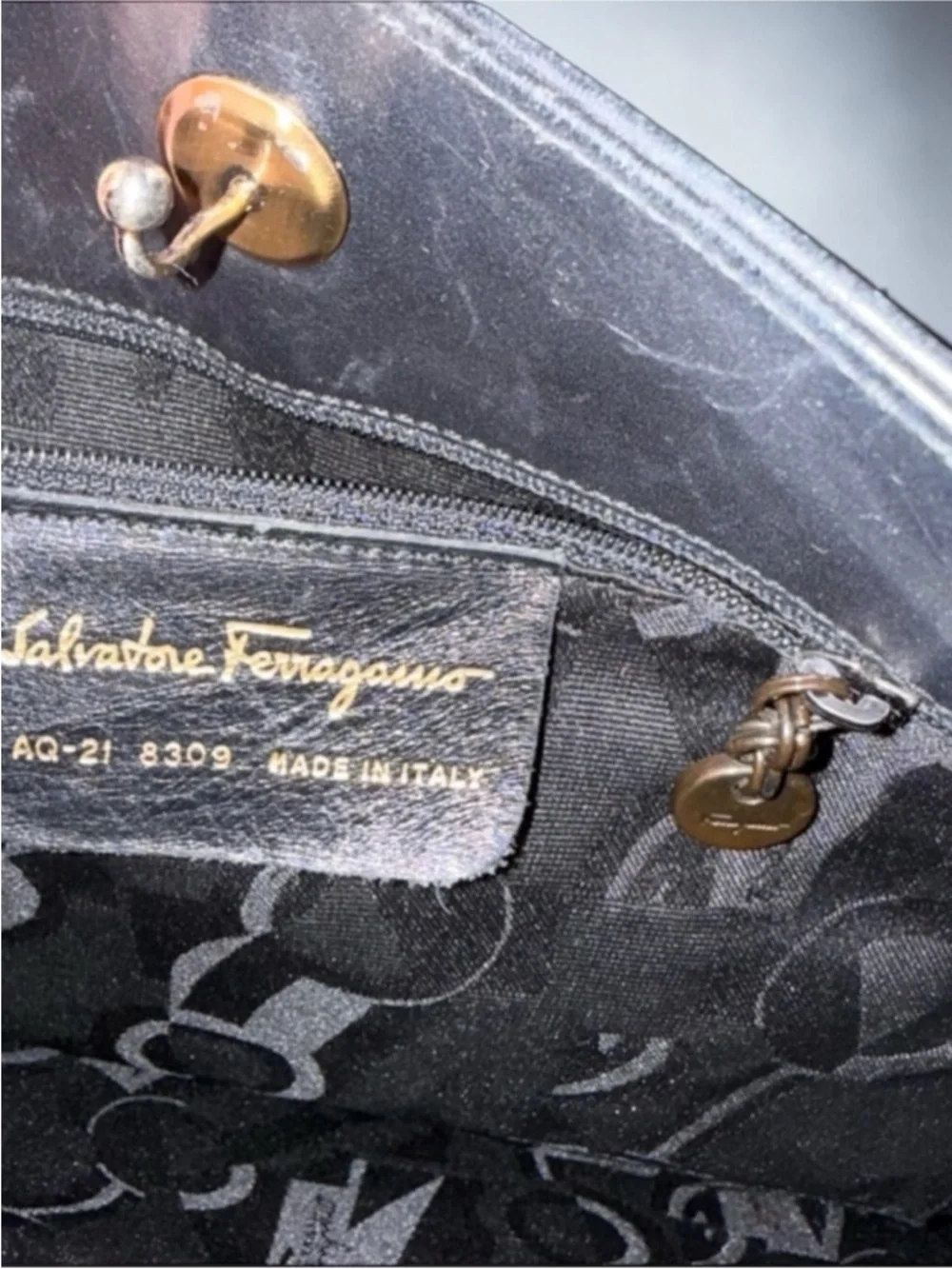 Salvatore Ferragamo Vintage Black Leather Messenger Bag with Gancini Detail